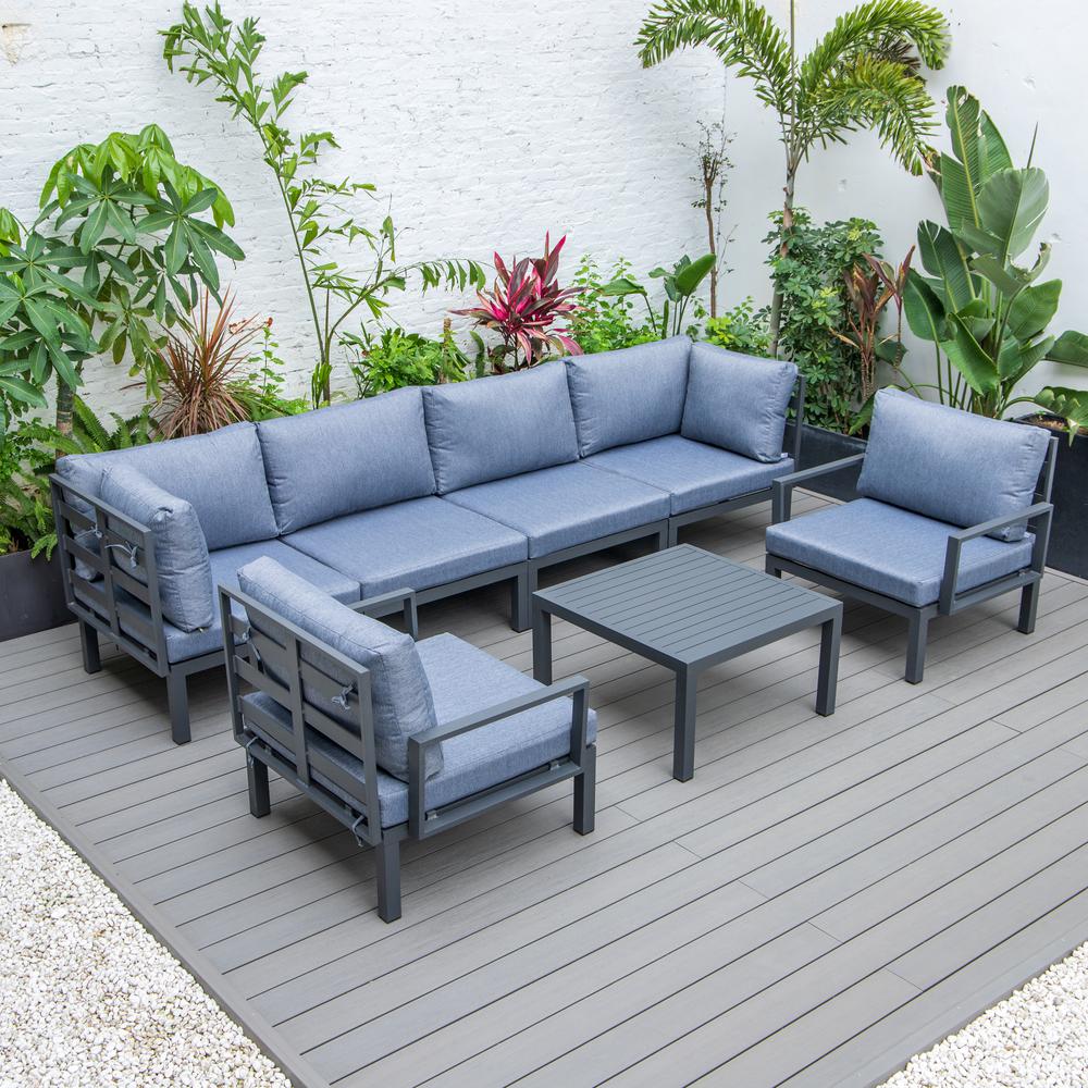 LeisureMod Hamilton 7-Piece Aluminum Patio Conversation Set With Coffee Table And Cushions Charcoal Blue. Picture 2