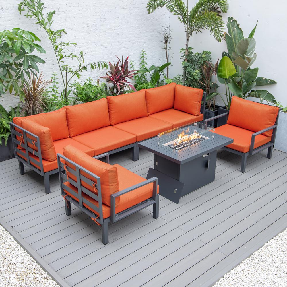 LeisureMod Hamilton 7-Piece Aluminum Patio Conversation Set With Fire Pit Table And Cushions Orange. Picture 2