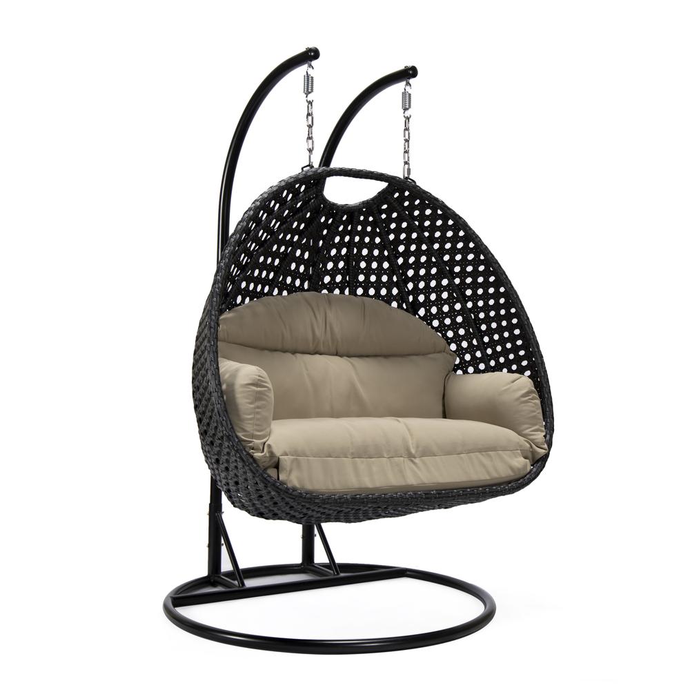 LeisureMod MendozaWicker Hanging 2 person Egg Swing Chair in Taupe. Picture 1