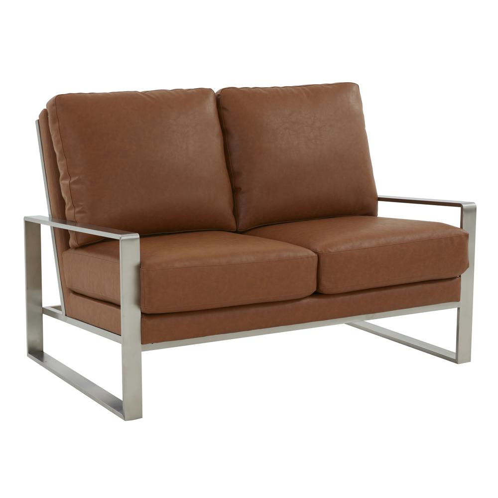 Leisuremod Jefferson Contemporary Modern Faux Leather Loveseat With Silver Frame, Cognac Tan. Picture 1