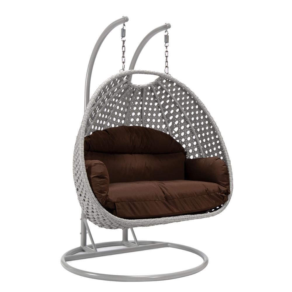 LeisureMod Wicker Hanging 2 person Egg Swing Chair in Brown. Picture 1