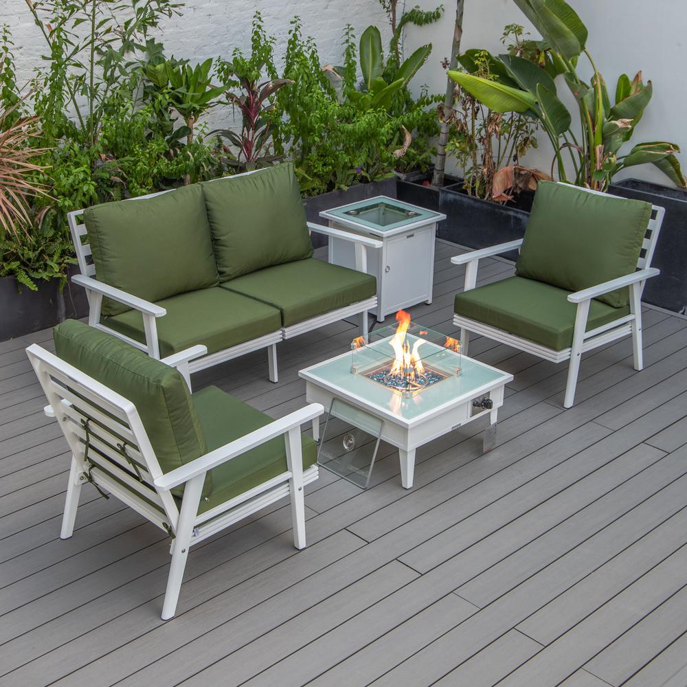 LeisureMod Walbrooke Modern White Patio Conversation With Square Fire Pit & Tank Holder, Green. Picture 1