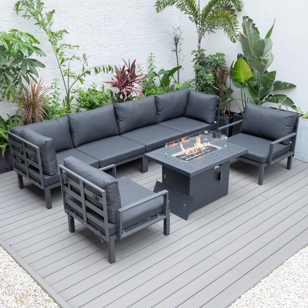 LeisureMod Hamilton 7-Piece Aluminum Patio Conversation Set With Fire Pit Table And Cushions Grey. Picture 3