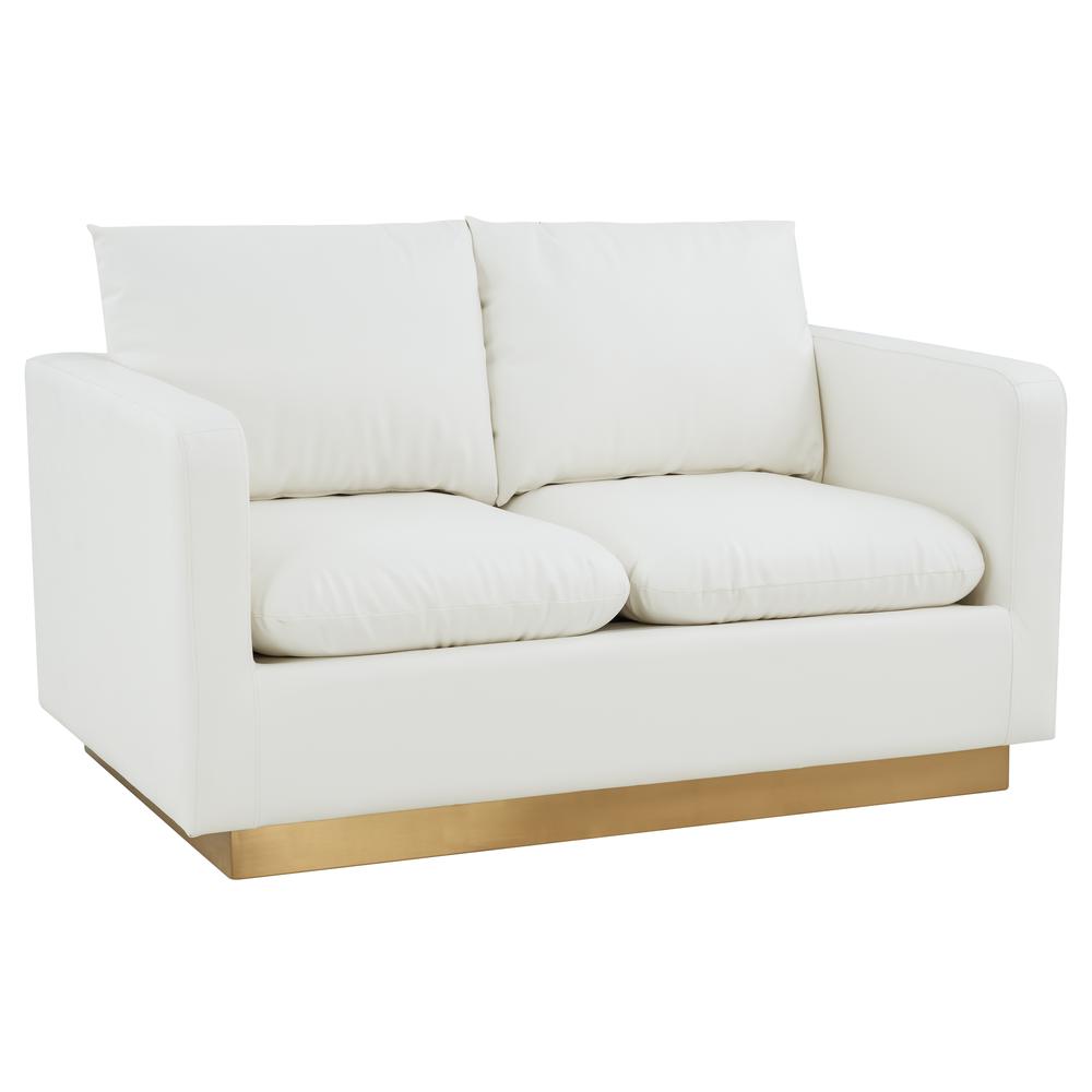 LeisureMod Nervo Modern Mid-Century Upholstered Leather Loveseat with Gold Frame, White. Picture 1