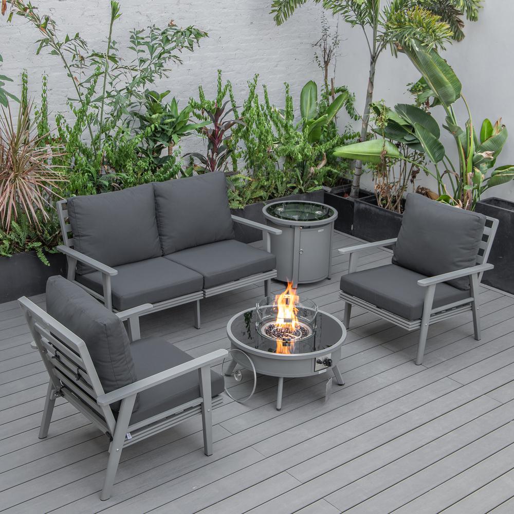 LeisureMod Walbrooke Modern Grey Patio Conversation With Round Fire Pit & Tank Holder, Charcoal. Picture 1