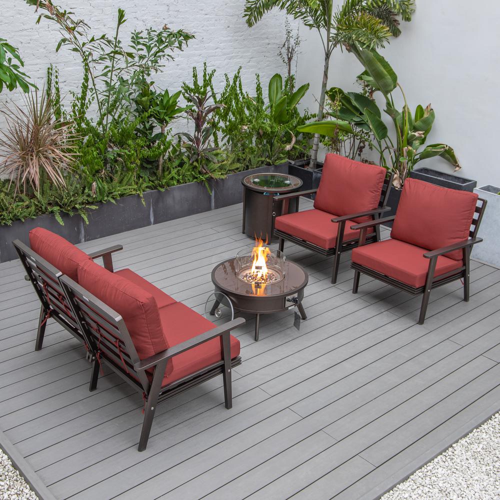 LeisureMod Walbrooke Modern Brown Patio Conversation With Round Fire Pit & Tank Holder, Red. Picture 7