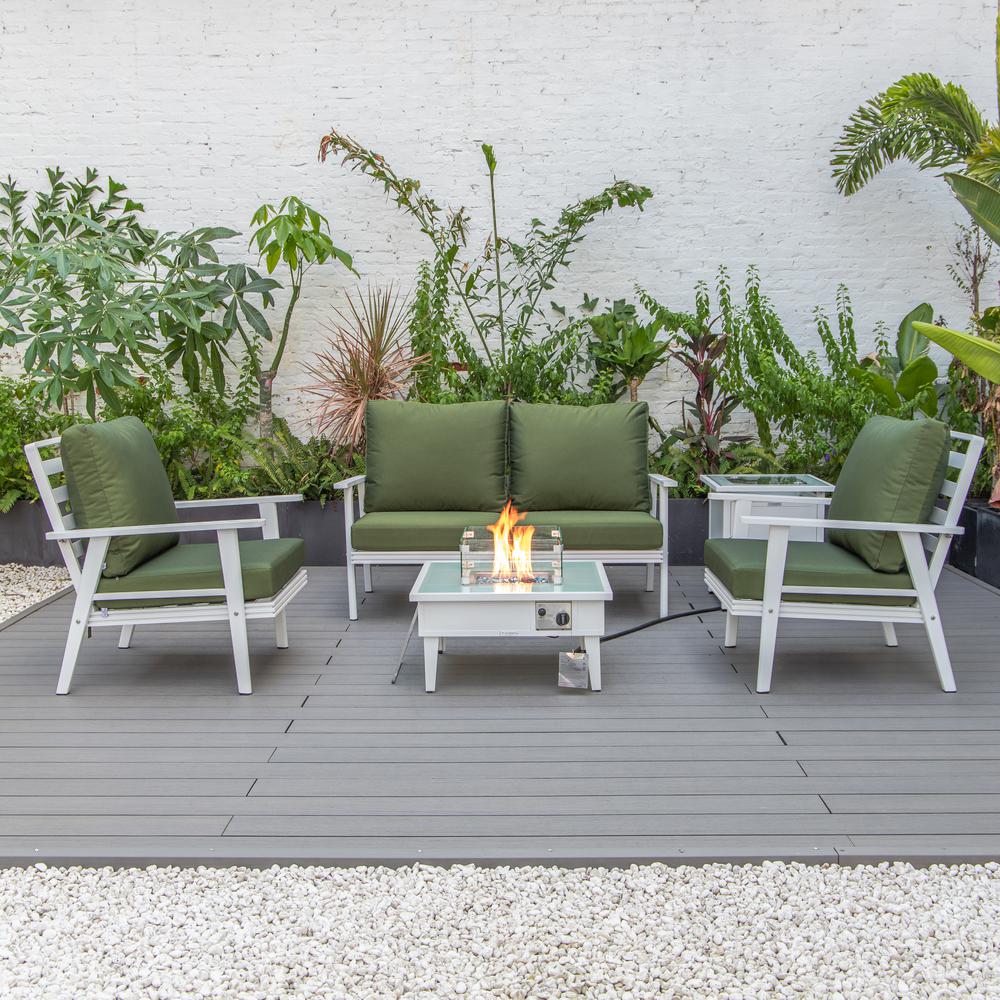 LeisureMod Walbrooke Modern White Patio Conversation With Square Fire Pit & Tank Holder, Green. Picture 7