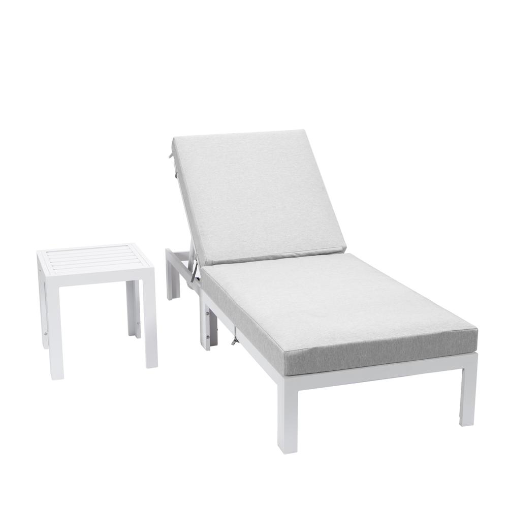 LeisureMod Chelsea Modern Outdoor White Chaise Lounge Chair With Side Table & Cushions Light Grey. Picture 2