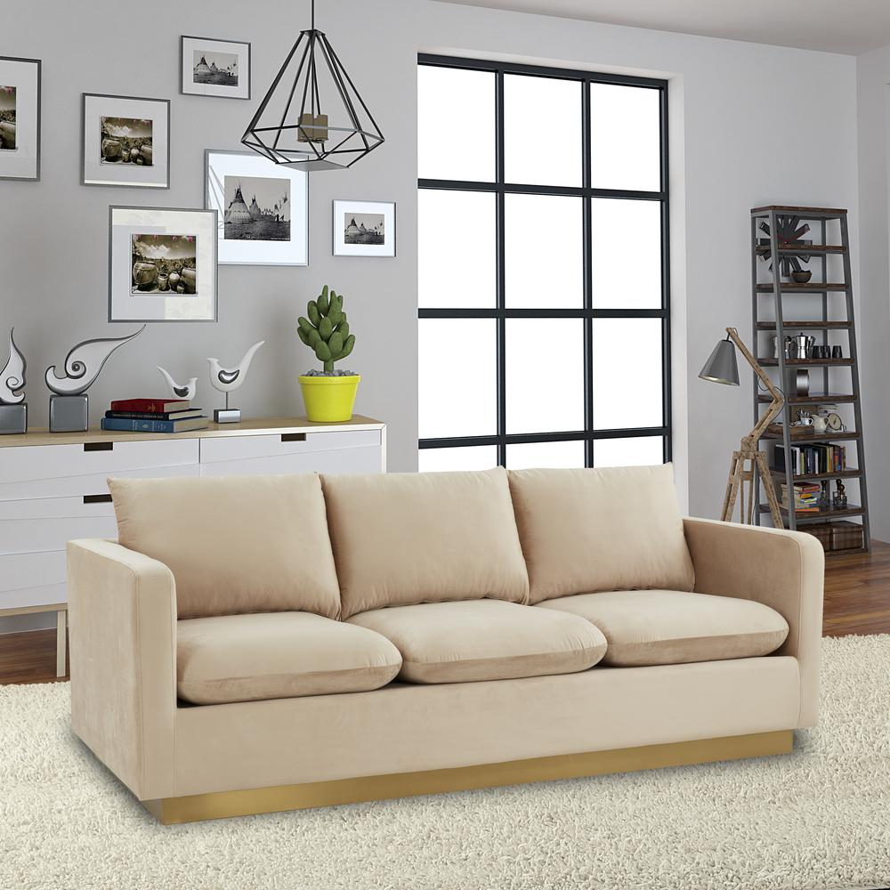 LeisureMod Nervo Modern Mid-Century Upholstered Velvet Sofa with Gold Frame, Beige. Picture 4