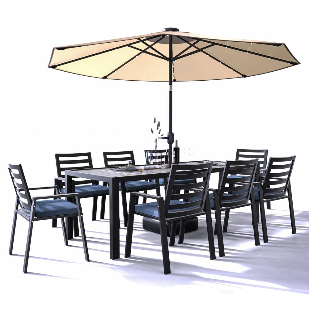 Aluminum Outdoor Dining Table 87 With 8 Chairs and Charcoal Blue Cushions. Picture 6