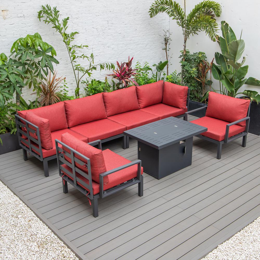 LeisureMod Hamilton 7-Piece Aluminum Patio Conversation Set With Fire Pit Table And Cushions Red. Picture 5
