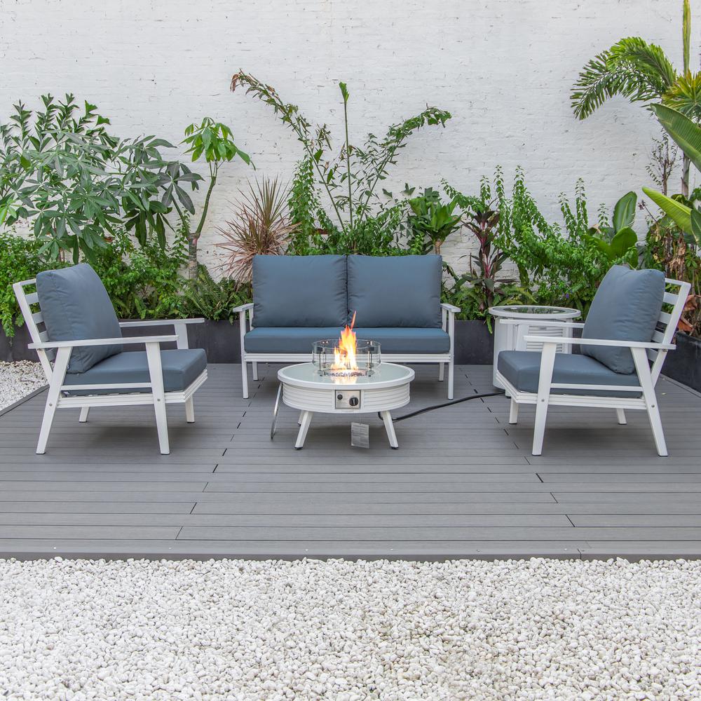 LeisureMod Walbrooke Modern White Patio Conversation With Round Fire Pit With Slats Design & Tank Holder, Navy Blue. Picture 9