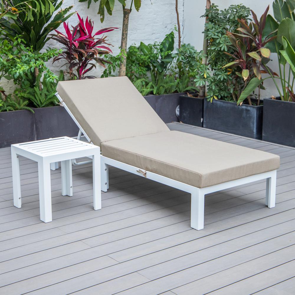 LeisureMod Chelsea Modern Outdoor White Chaise Lounge Chair With Side Table & Cushions Beige. Picture 3