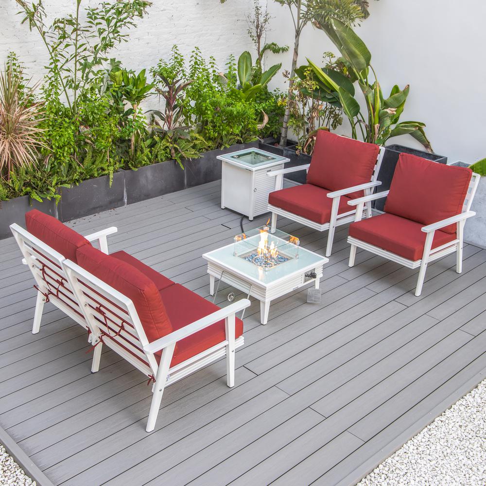 LeisureMod Walbrooke Modern White Patio Conversation With Square Fire Pit With Slats Design & Tank Holder, Red. Picture 7