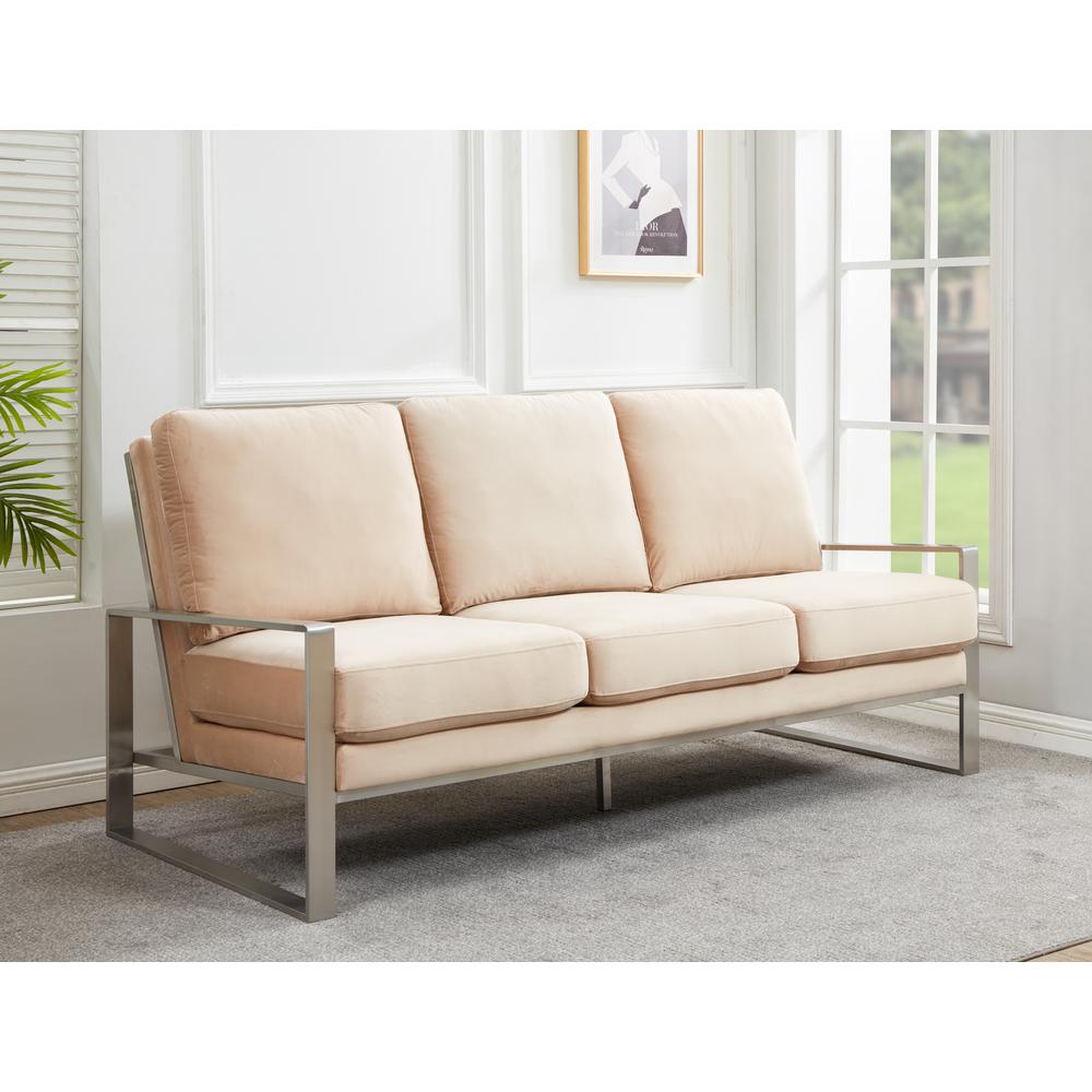 LeisureMod Jefferson Contemporary Modern Design Velvet Sofa With Silver Frame, Beige. Picture 4