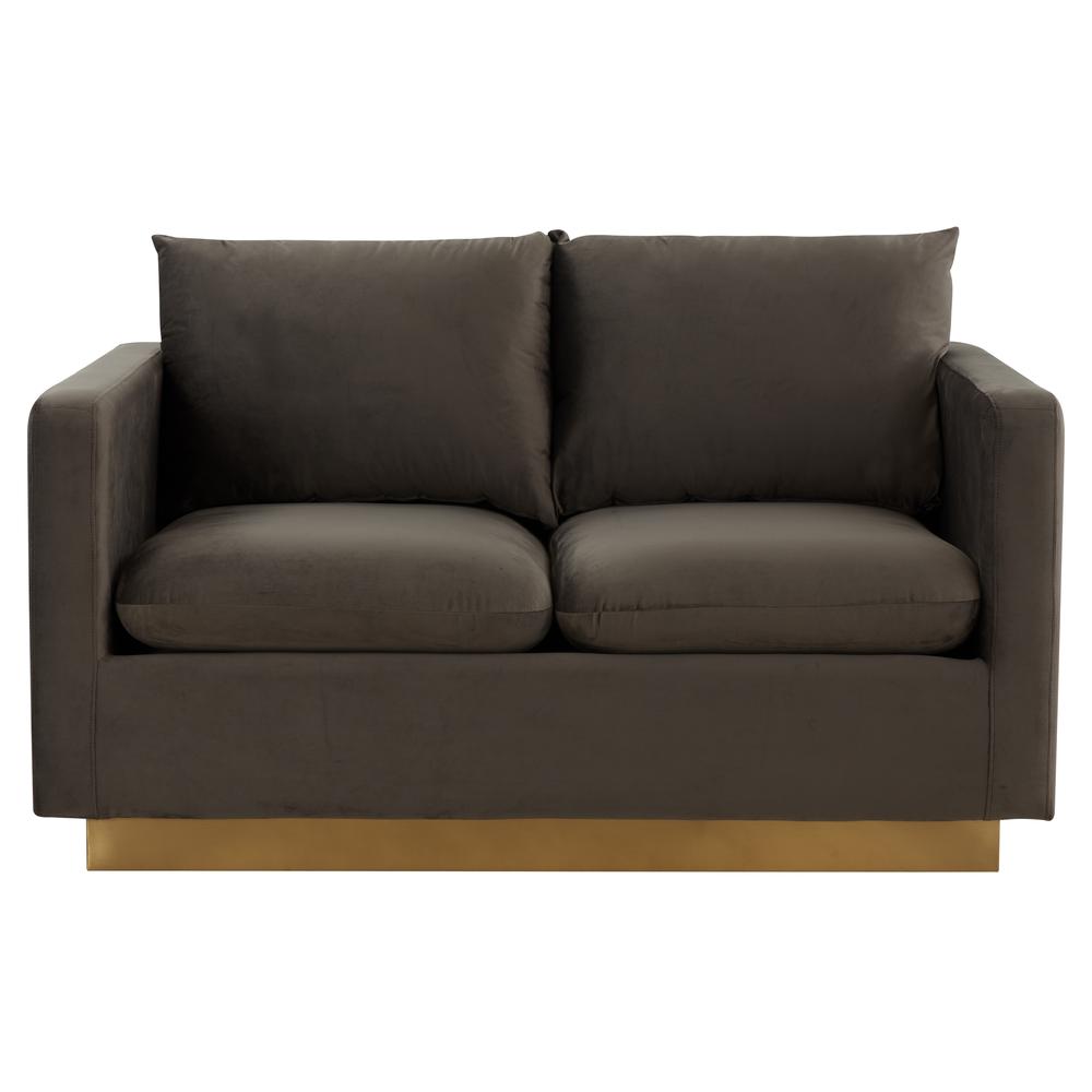 LeisureMod Nervo Modern Mid-Century Upholstered Velvet Loveseat with Gold Frame, Dark Grey. Picture 2