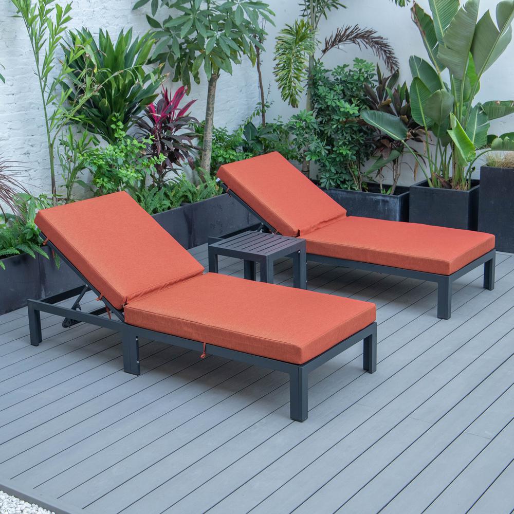 LeisureMod Chelsea Modern Outdoor Chaise Lounge Chair Set of 2 With Side Table & Cushions - Orange. Picture 5