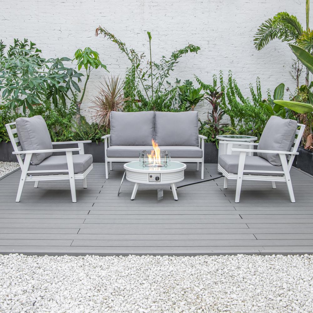 LeisureMod Walbrooke Modern White Patio Conversation With Round Fire Pit With Slats Design & Tank Holder, Grey. Picture 9