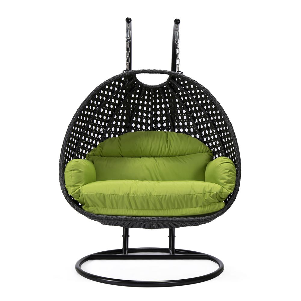 LeisureMod MendozaWicker Hanging 2 person Egg Swing Chair in Light Green. Picture 1