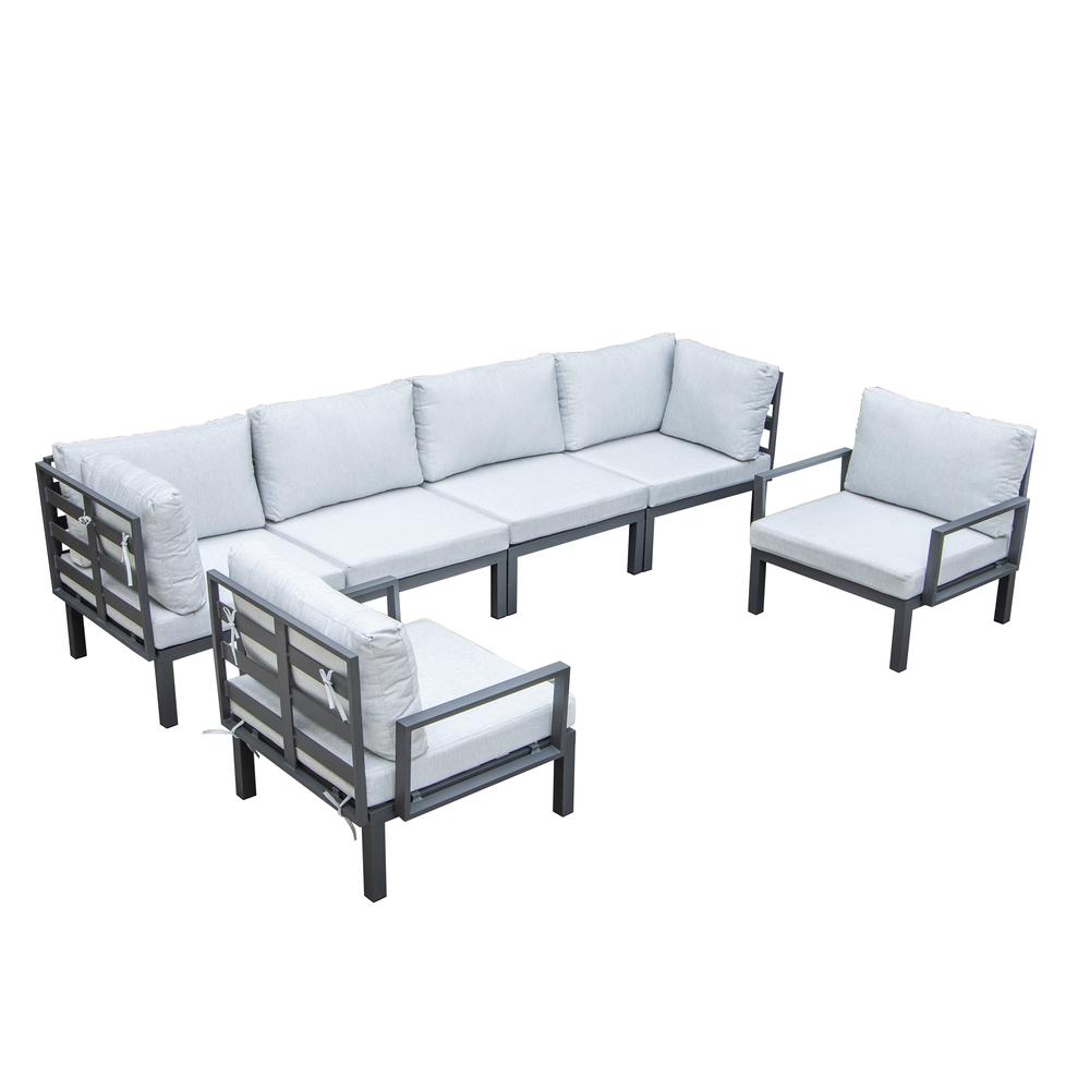 LeisureMod Hamilton 6-Piece Aluminum Patio Conversation Set With Cushions Light Grey. Picture 1