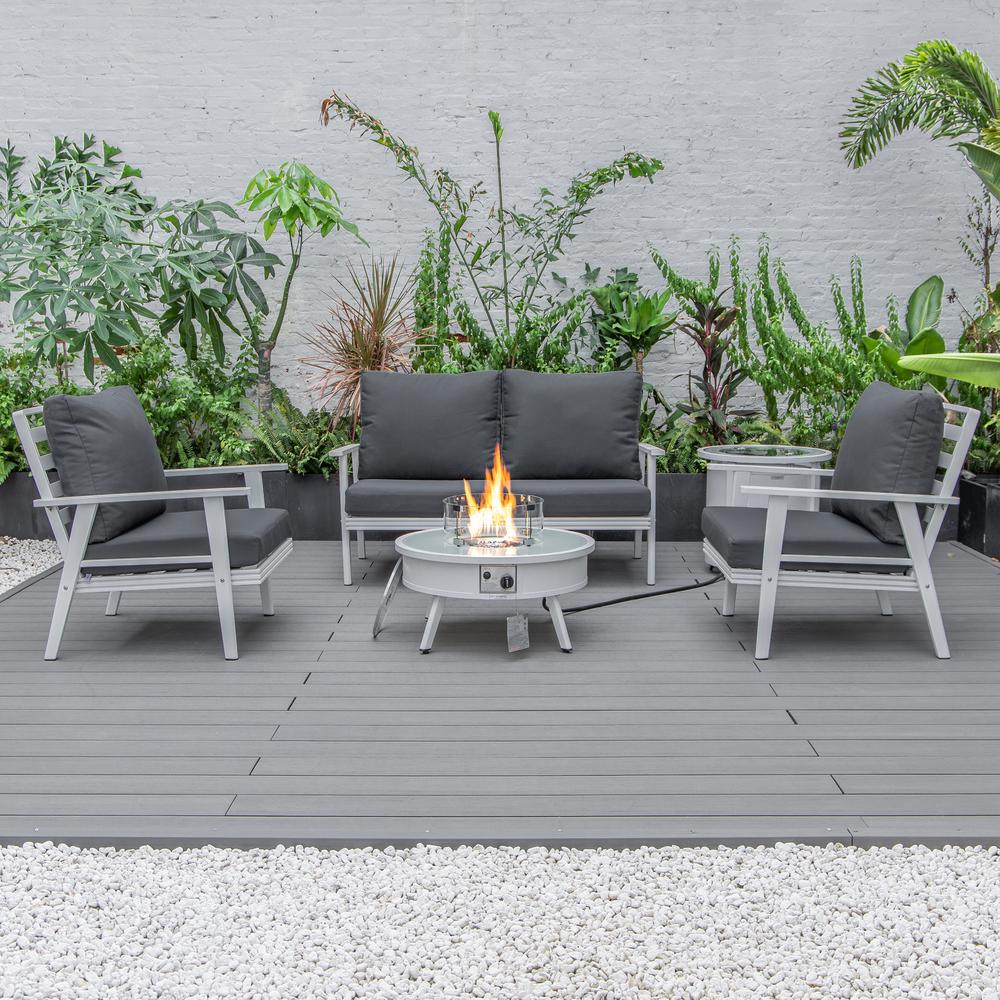 LeisureMod Walbrooke Modern White Patio Conversation With Round Fire Pit & Tank Holder, Charcoal. Picture 9