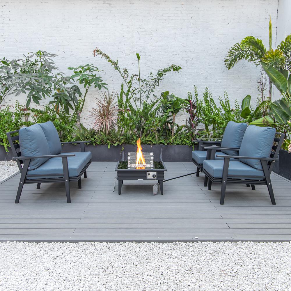 LeisureMod Walbrooke Modern Black Patio Conversation With Square Fire Pit With Slats Design & Tank Holder, Navy Blue. Picture 3