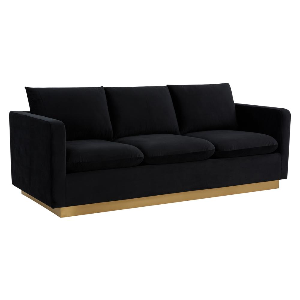 LeisureMod Nervo Modern Mid-Century Upholstered Velvet Sofa with Gold Frame, Midnight Black. The main picture.