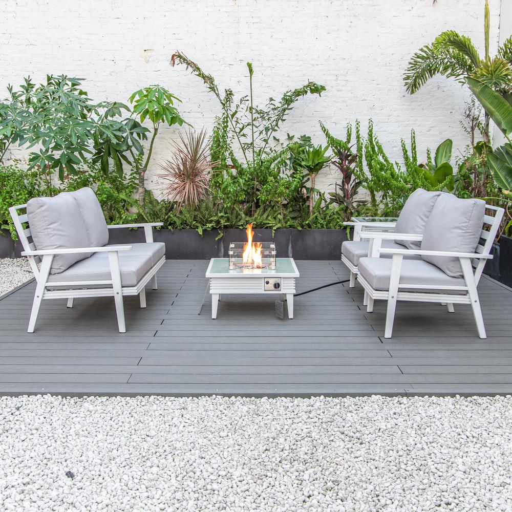 LeisureMod Walbrooke Modern White Patio Conversation With Square Fire Pit With Slats Design & Tank Holder, Light Grey. Picture 9