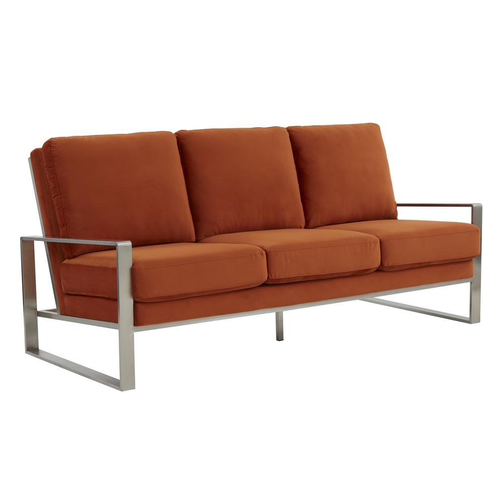 LeisureMod Jefferson Contemporary Modern Design Velvet Sofa With Silver Frame, Orange. Picture 1