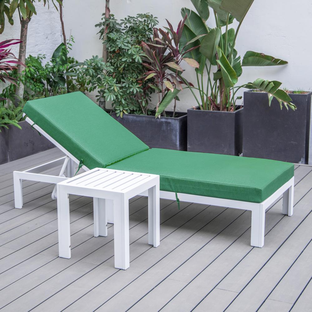 Chelsea Modern Outdoor White Chaise Lounge Chair With Side Table & Cushions. Picture 3