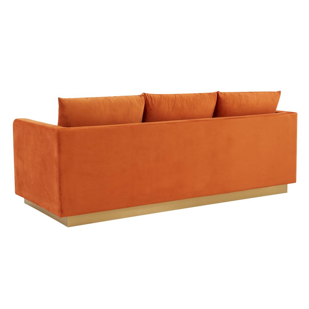 LeisureMod Nervo Modern Mid-Century Upholstered Velvet Sofa with Gold Frame, Orange Marmalade. Picture 4