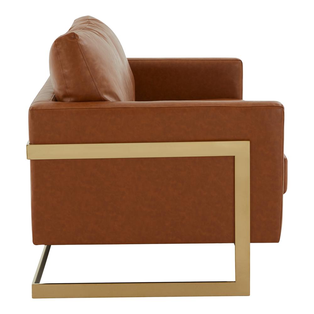 LeisureMod Lincoln Modern Mid-Century Upholstered Leather Loveseat with Gold Frame, Cognac Tan. Picture 6