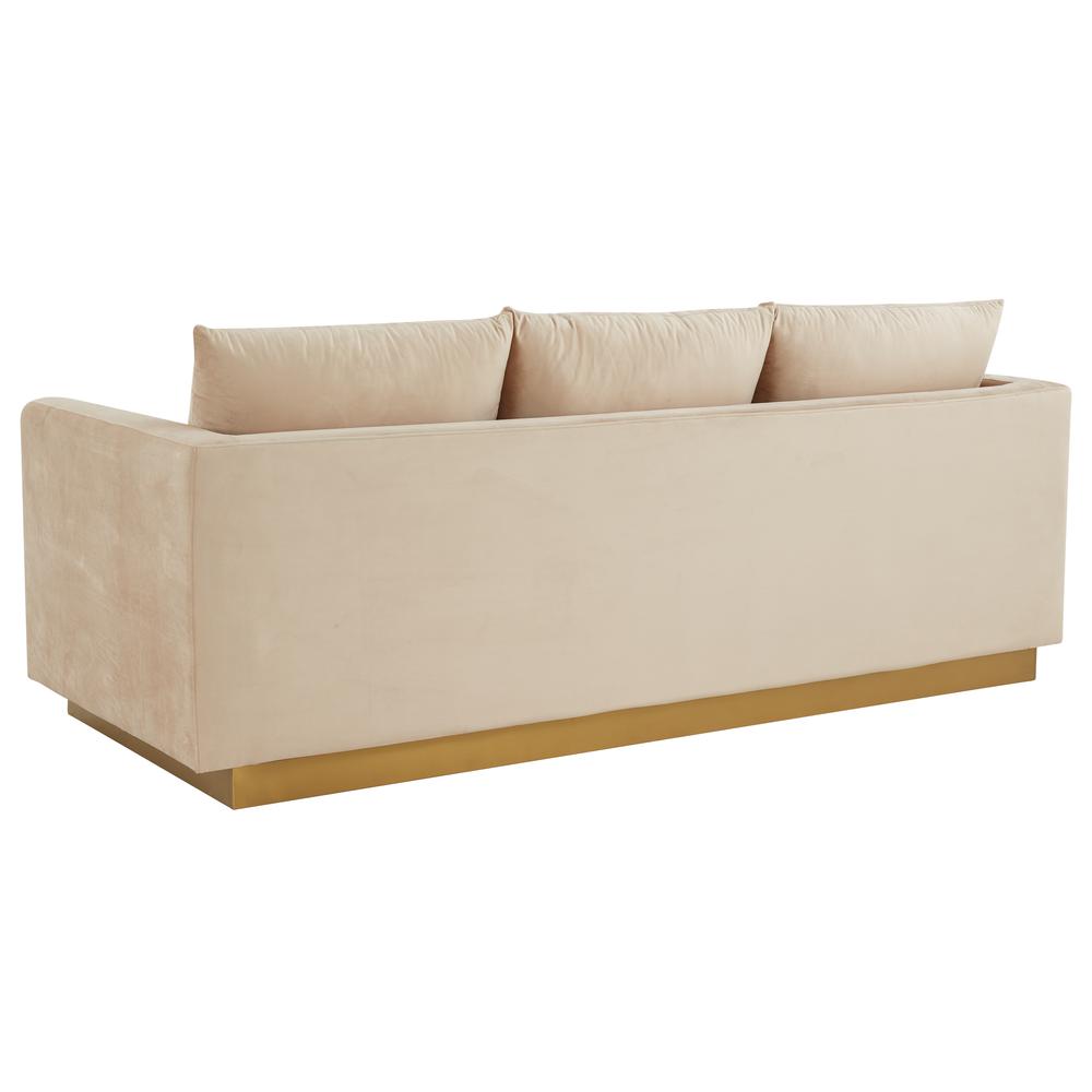 LeisureMod Nervo Modern Mid-Century Upholstered Velvet Sofa with Gold Frame, Beige. Picture 3