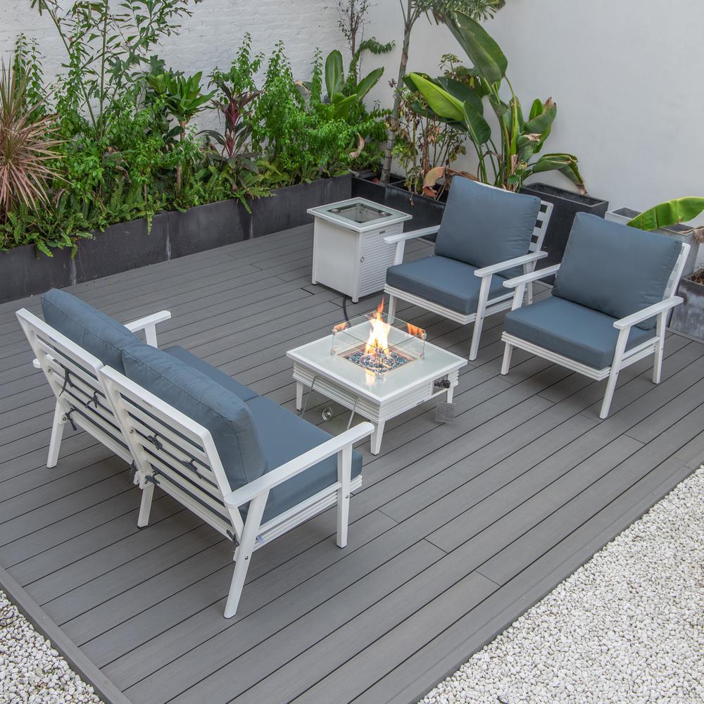 LeisureMod Walbrooke Modern White Patio Conversation With Square Fire Pit With Slats Design & Tank Holder, Navy Blue. Picture 9