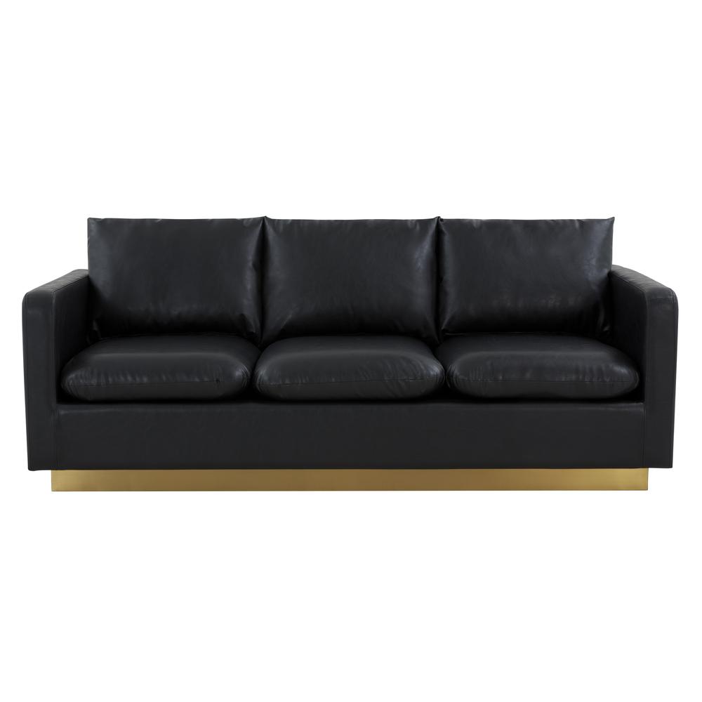 LeisureMod Nervo Modern Mid-Century Upholstered Leather Sofa with Gold Frame, Black. Picture 2