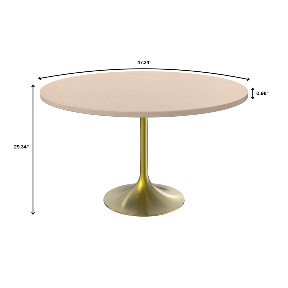 Verve 48" Round Dining Table, Brushed Gold Base with Light Natural Wood MDF Top. Picture 2