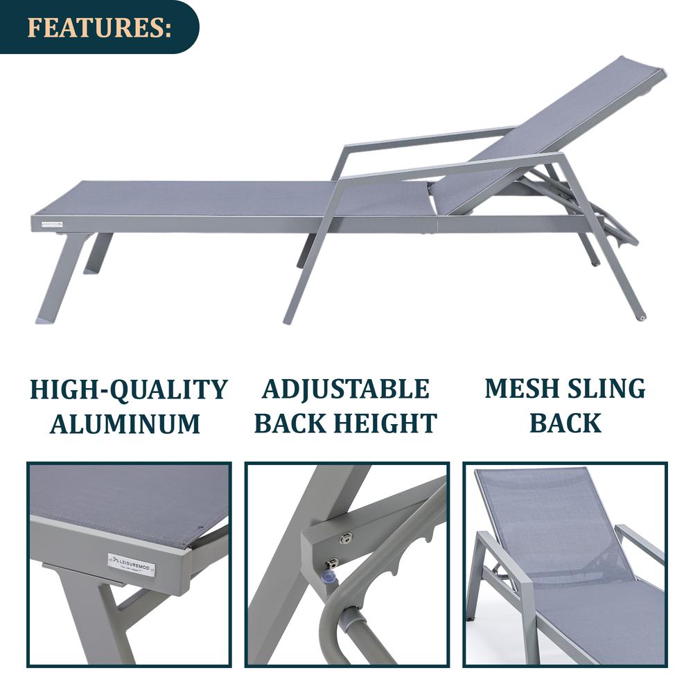 Grey Aluminum Outdoor Patio Chaise Lounge Chair With Arms. Picture 24