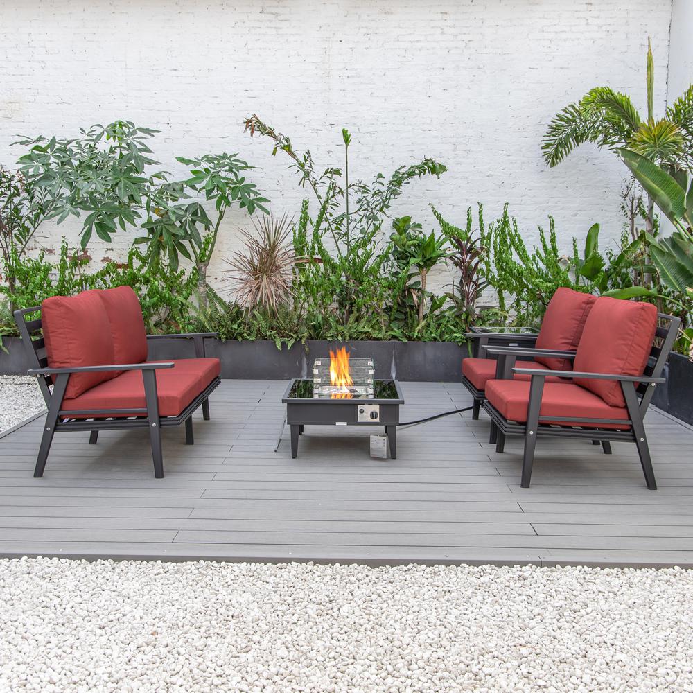 LeisureMod Walbrooke Modern Black Patio Conversation With Square Fire Pit & Tank Holder, Red. Picture 5