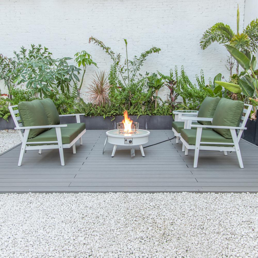LeisureMod Walbrooke Modern White Patio Conversation With Round Fire Pit & Tank Holder, Green. Picture 6