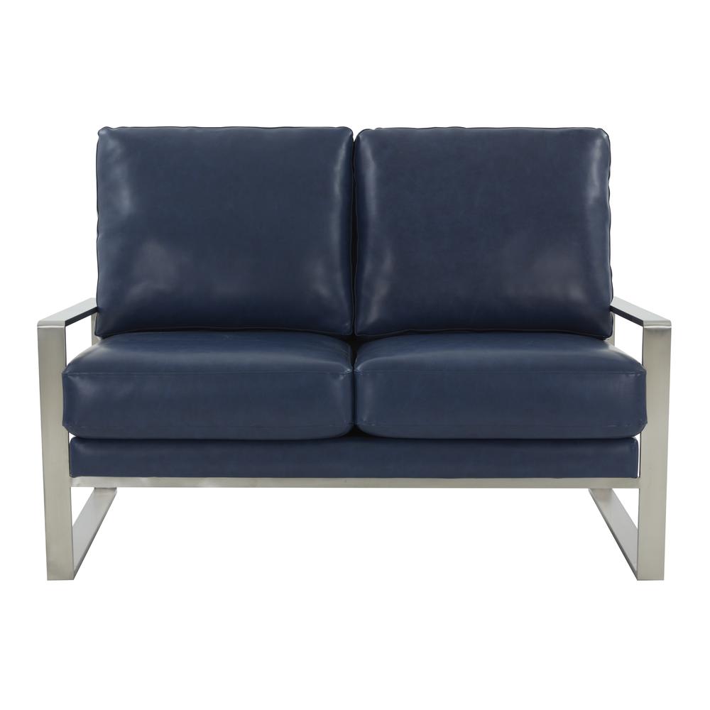 Leisuremod Jefferson Contemporary Modern Faux Leather Loveseat With Silver Frame, Navy Blue. Picture 6