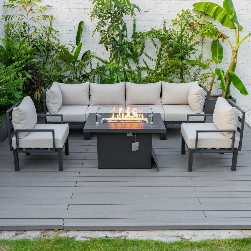 LeisureMod Chelsea 7-Piece Patio Armchair Sectional And Fire Pit Table Black Aluminum With Cushions CSFARBL-7BG. The main picture.