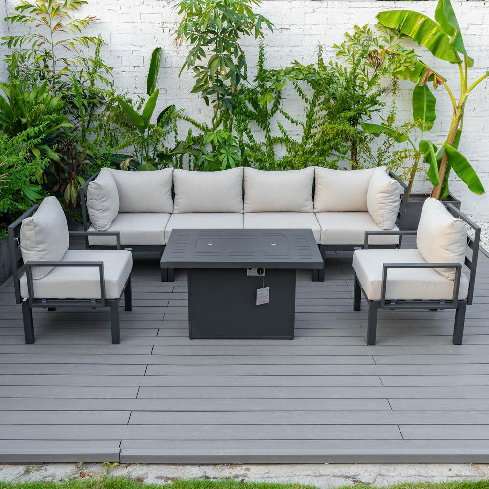 LeisureMod Chelsea 7-Piece Patio Armchair Sectional And Fire Pit Table Black Aluminum With Cushions CSFARBL-7BG. Picture 8