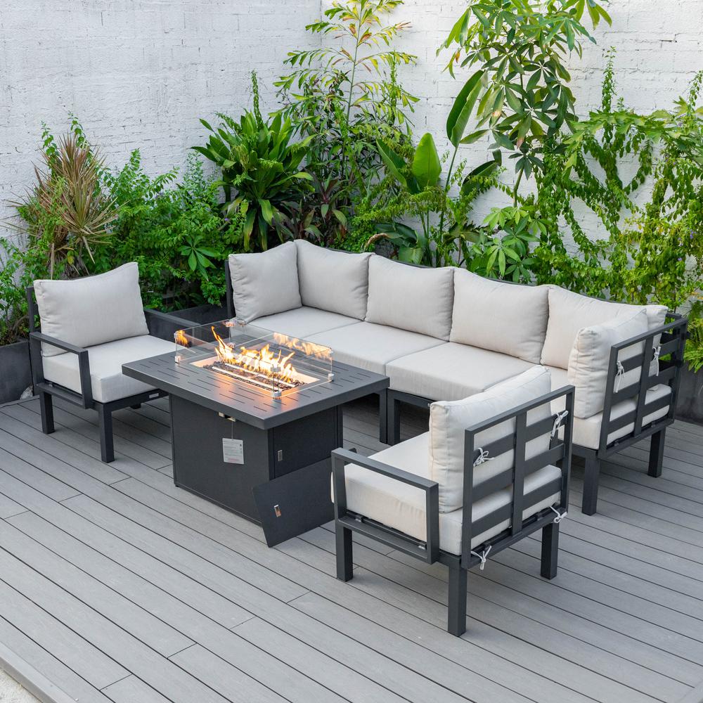 LeisureMod Chelsea 7-Piece Patio Armchair Sectional And Fire Pit Table Black Aluminum With Cushions CSFARBL-7BG. Picture 9