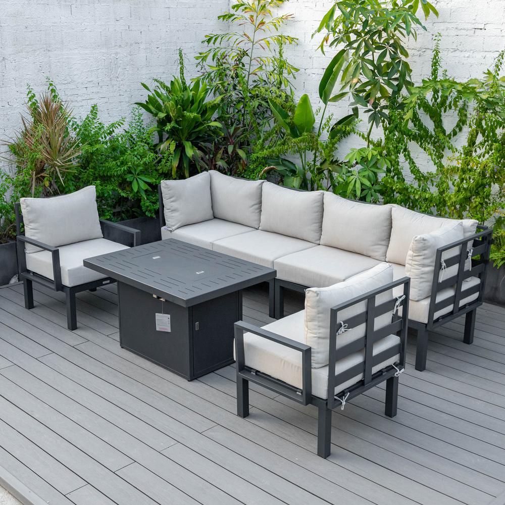 LeisureMod Chelsea 7-Piece Patio Armchair Sectional And Fire Pit Table Black Aluminum With Cushions CSFARBL-7BG. Picture 11