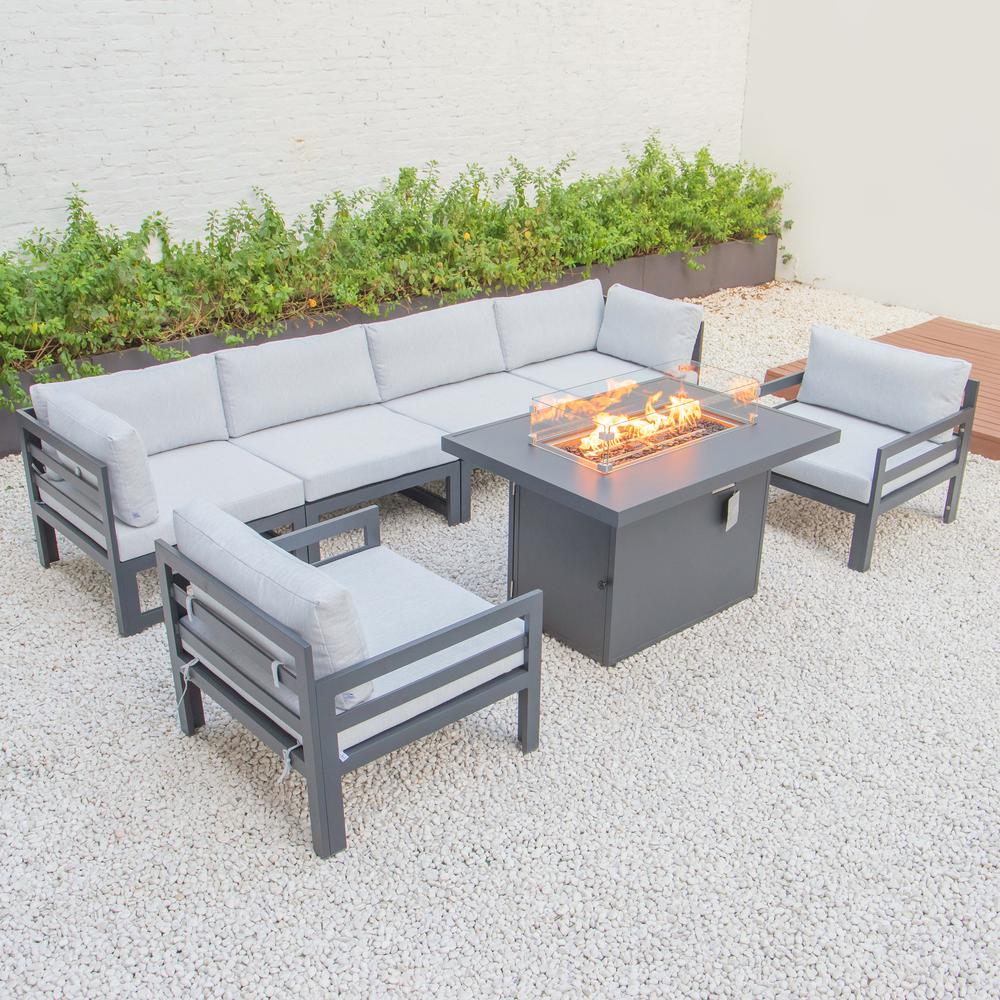 LeisureMod Chelsea 7-Piece Patio Armchair Sectional And Fire Pit Table Black Aluminum With Cushions CSFARBL-7LGR. The main picture.