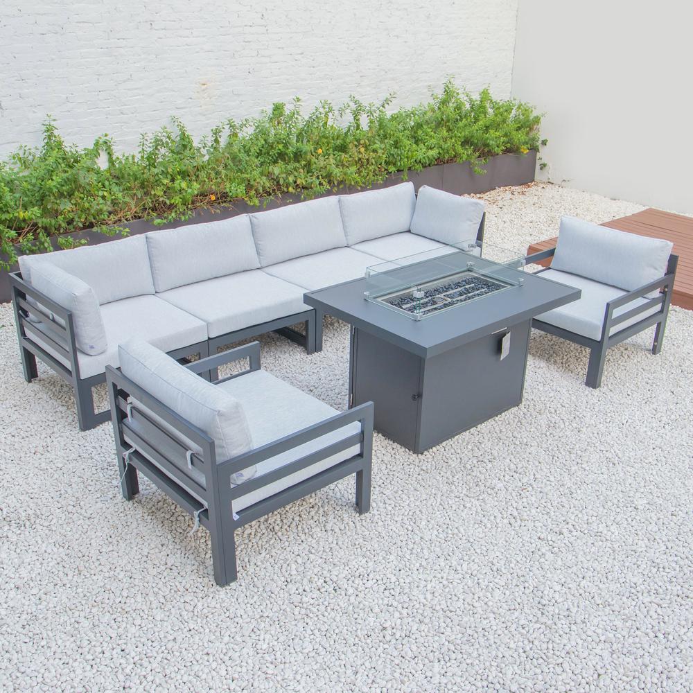 LeisureMod Chelsea 7-Piece Patio Armchair Sectional And Fire Pit Table Black Aluminum With Cushions CSFARBL-7LGR. Picture 2