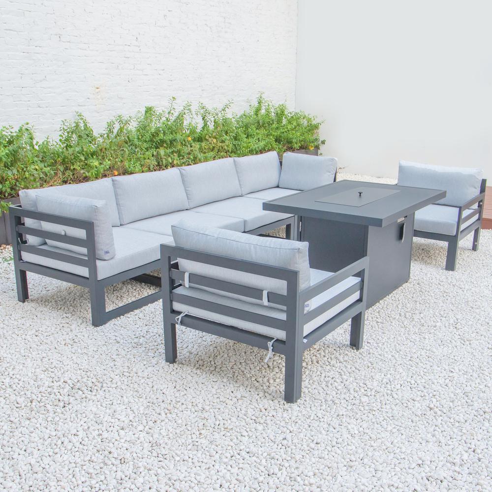 LeisureMod Chelsea 7-Piece Patio Armchair Sectional And Fire Pit Table Black Aluminum With Cushions CSFARBL-7LGR. Picture 3