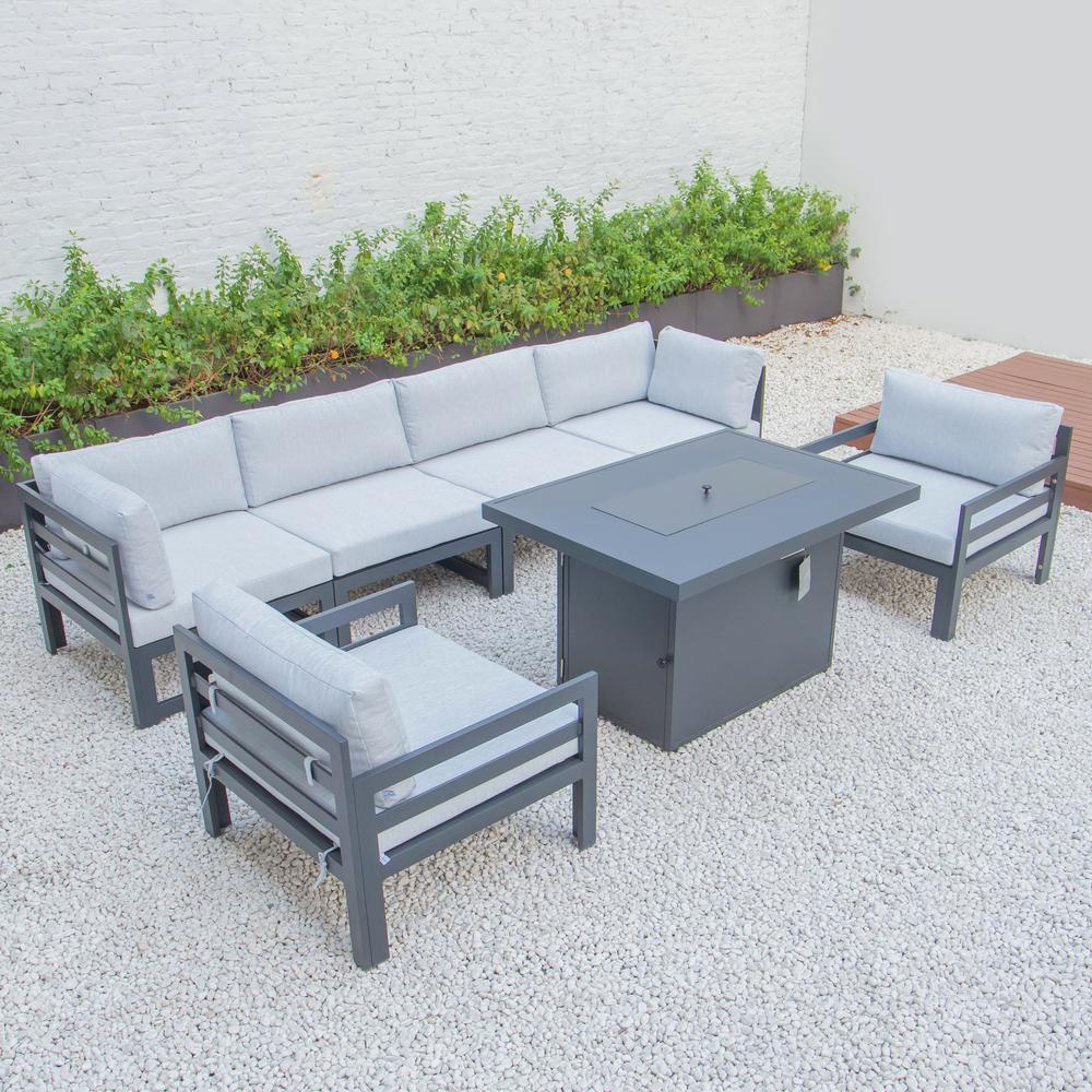 LeisureMod Chelsea 7-Piece Patio Armchair Sectional And Fire Pit Table Black Aluminum With Cushions CSFARBL-7LGR. Picture 7