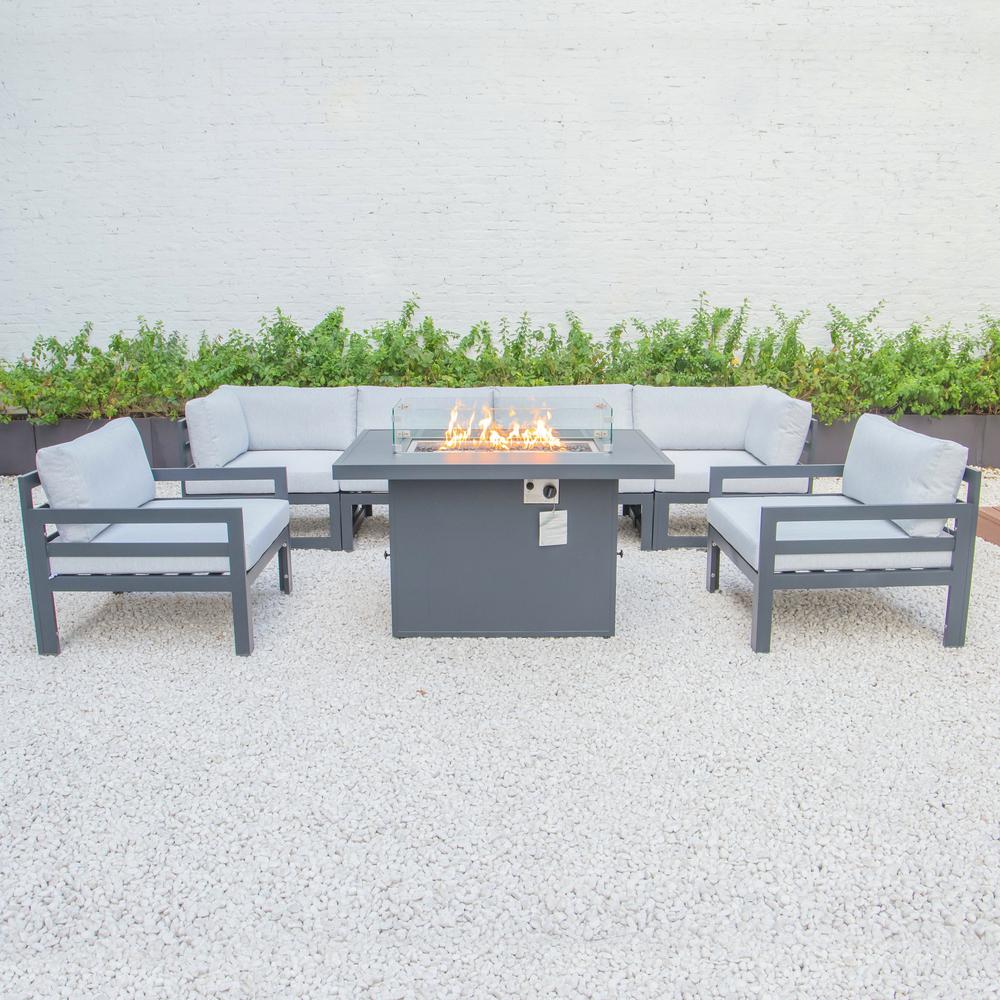 LeisureMod Chelsea 7-Piece Patio Armchair Sectional And Fire Pit Table Black Aluminum With Cushions CSFARBL-7LGR. Picture 8