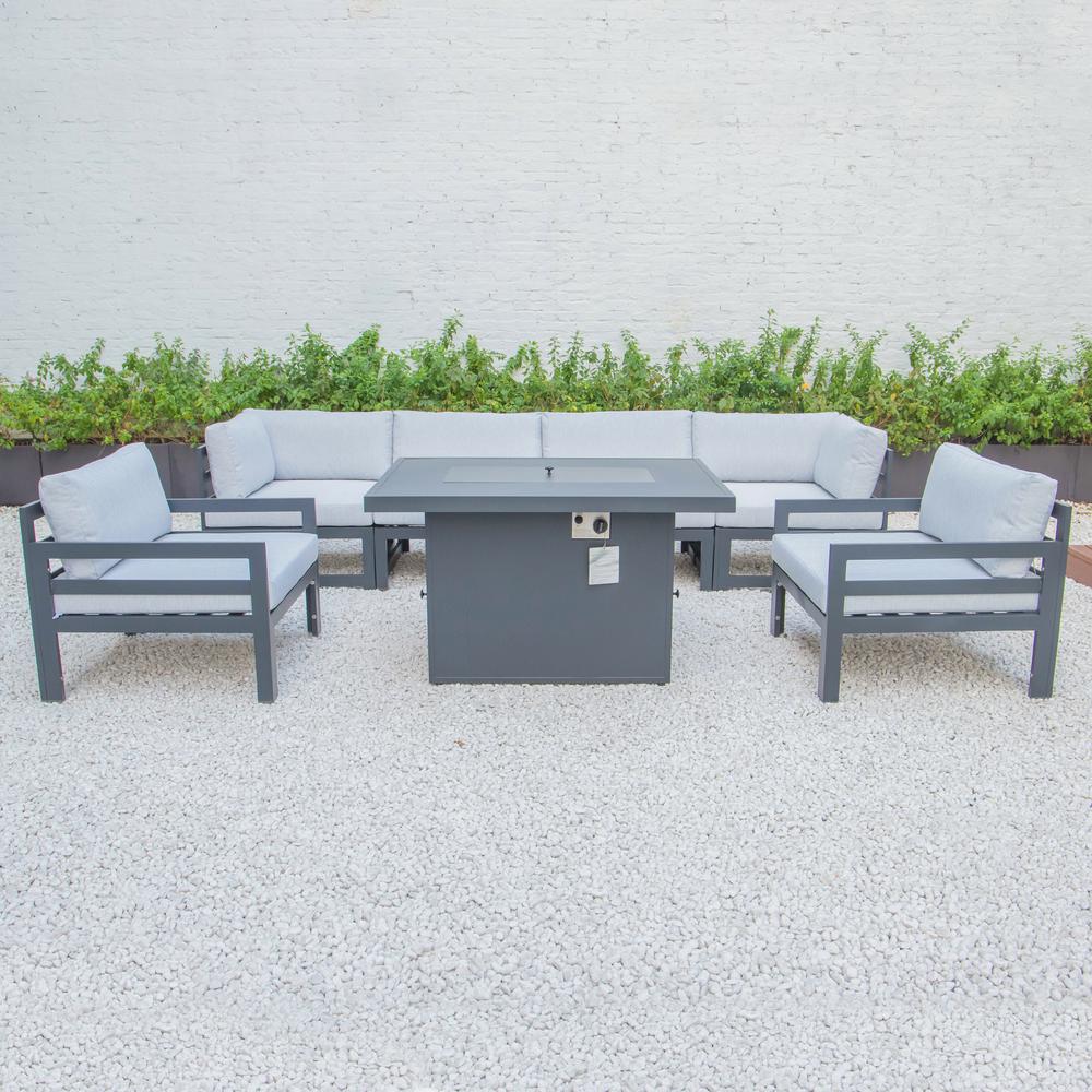 LeisureMod Chelsea 7-Piece Patio Armchair Sectional And Fire Pit Table Black Aluminum With Cushions CSFARBL-7LGR. Picture 9